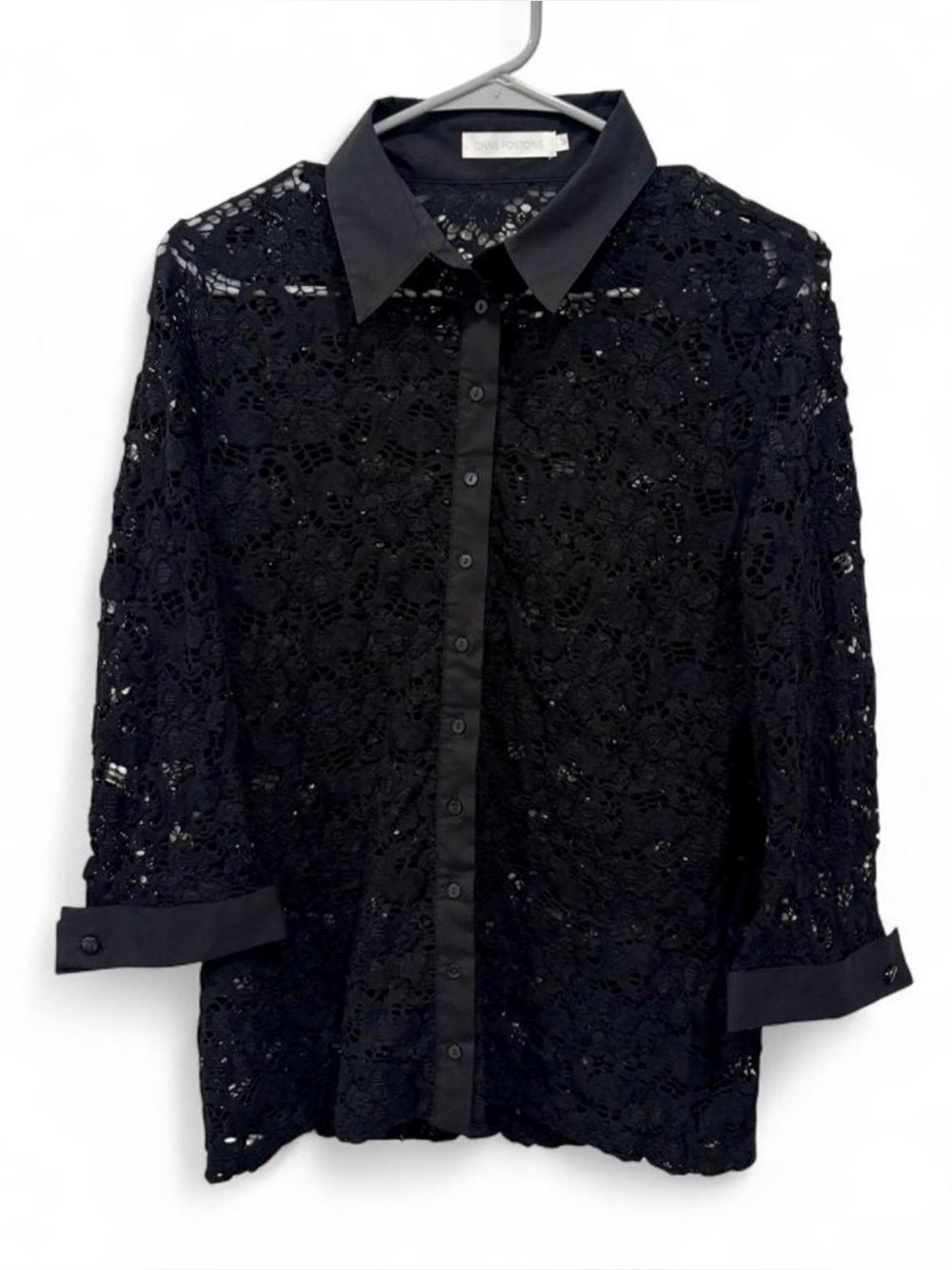 Anne Fontaine Melissa Blouse Black Floral French Lace Button Up 3/4 Sleeve US 12